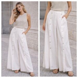 Petite Pois Ivory Wide Leg Button Front Pants Resort Trousers 36033